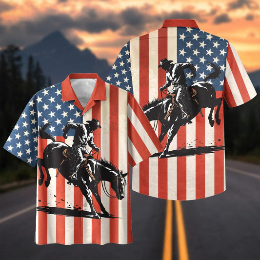 Joycorners Patriotic American Flag Western Cowboy Bucking Bronco Hawaiian Shirt