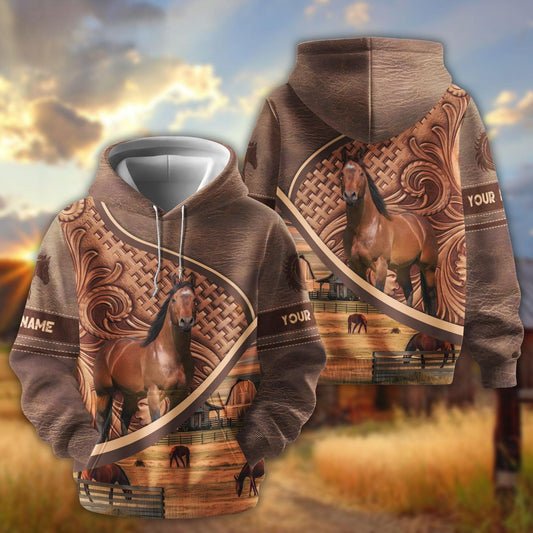 Joycorners Personalized Name Tooled Leather Horse Ranch Scene All-Over Print Hoodie (9 Breeds)