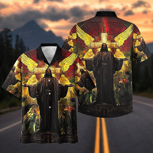 Joycorners Jesus Christ Cross & Angel Wings Christian Hawaiian Shirt