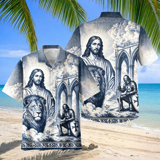 Joycorners Jesus, Lion of Judah & Kneeling Templar Knight Vintage Blue Hawaiian Shirt