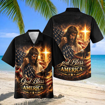Joycorners God Bless America Jesus Holding US Flag & Crown of Thorns Hawaiian Shirt