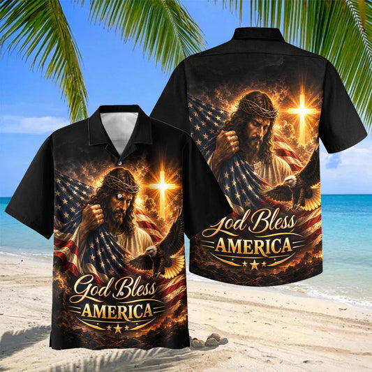 Joycorners God Bless America Jesus Holding US Flag & Crown of Thorns Hawaiian Shirt