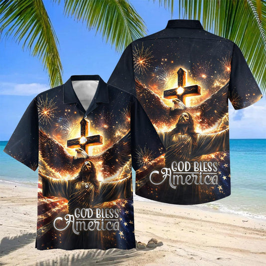 Joycorners God Bless America Patriotic Jesus & Eagle Hawaiian Shirt