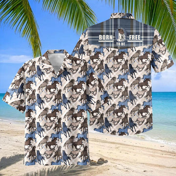 Joycorners "Born To Be Free" Running Horse Plaid Hawaiian Shirt