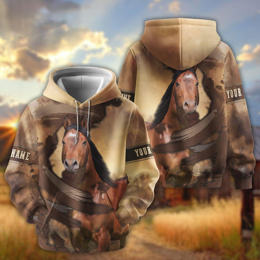 Joycorners Personalized Name Distressed Watercolor Bay Horse Portrait 3D Hoodie