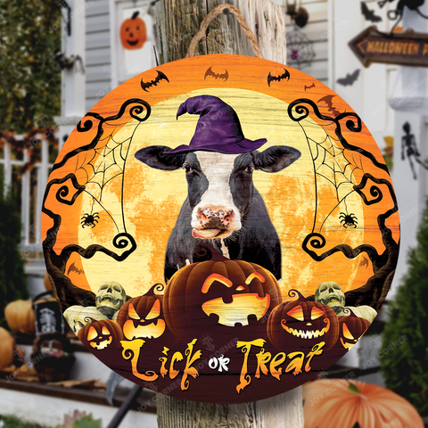 Joycorners Happy Halloween Holstein Lick Or Treat Round Wooden Sign