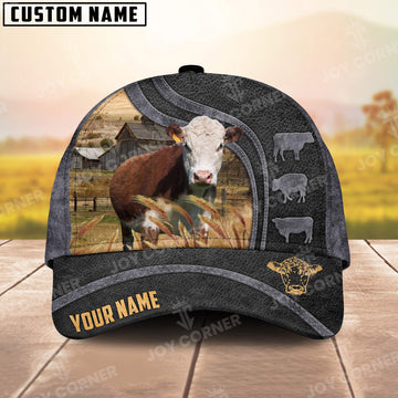 Joycorners Hereford Personalized Name Black Carving Leather Pattern 3D Classic Cap