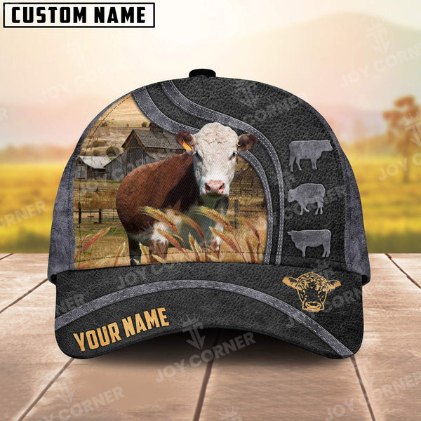 Joycorners Hereford Personalized Name Black Carving Leather Pattern 3D Classic Cap