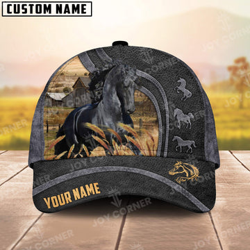 Joycorners Horse Personalized Name Black Carving Leather Pattern 3D Classic Cap