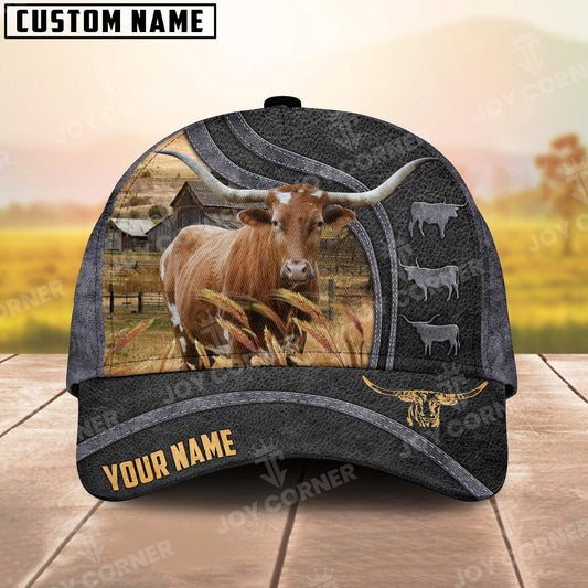 Joycorners Texas Longhorn Personalized Name Black Carving Leather Pattern 3D Classic Cap