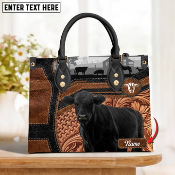 JC Black Angus Personalized Name 3D Black Brown Pattern Leather Handbag