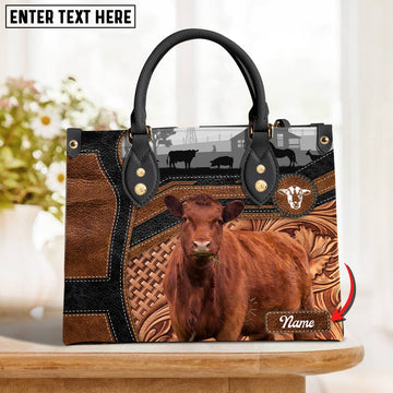 JC Red Angus Personalized Name 3D Black Brown Pattern Leather Handbag