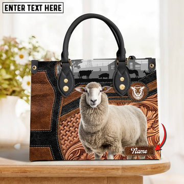JC Sheep Personalized Name 3D Black Brown Pattern Leather Handbag