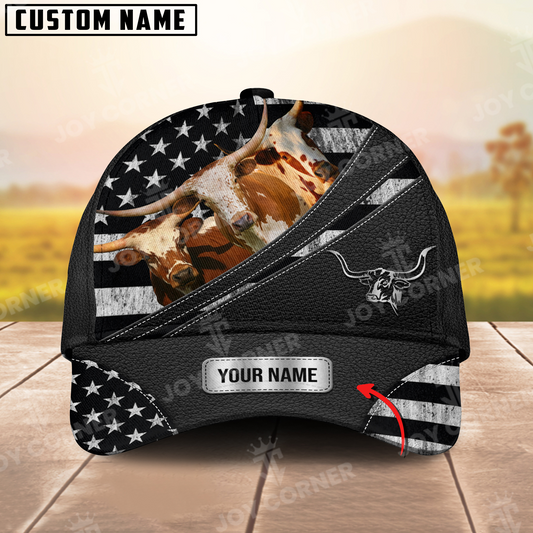 Joycorners Texas Longhorn US Flag Personalized Name 3D Classic Cap