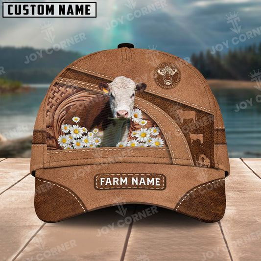 Joycorners Hereford Personalized Name Brown Carving Leather Pattern 3D Classic Cap 2