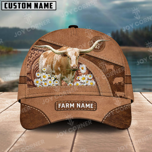 Joycorners Texas Longhorn Personalized Name Brown Carving Leather Pattern 3D Classic Cap 2