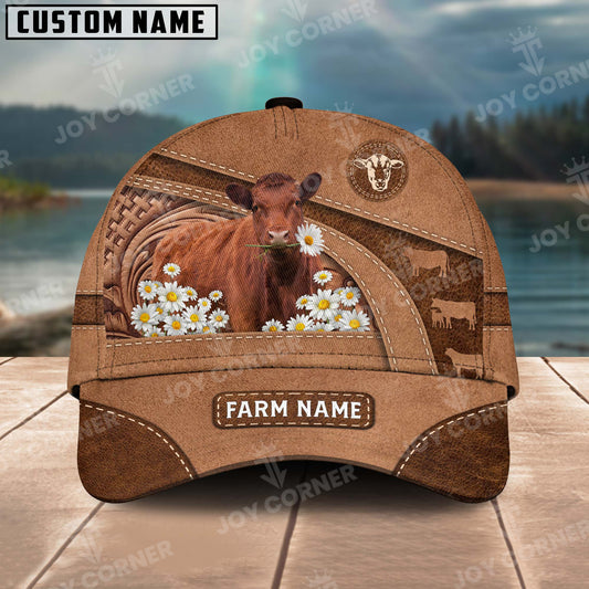 Joycorners Red Angus Personalized Name Brown Carving Leather Pattern 3D Classic Cap 2