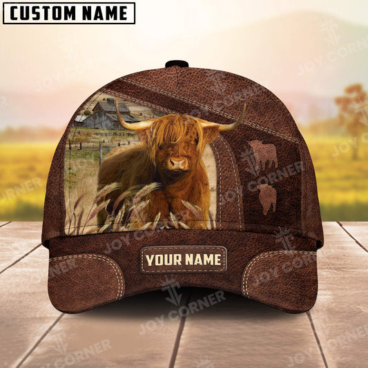 Joycorners Highland Personalized Name Brown Carving Leather Pattern 3D Classic Cap 3