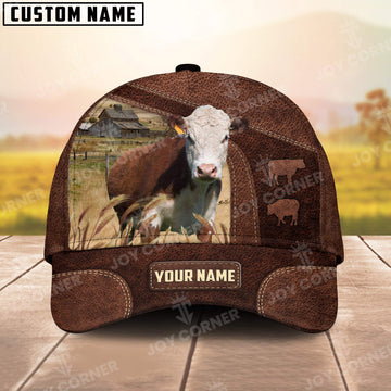 Joycorners Hereford Personalized Name Brown Carving Leather Pattern 3D Classic Cap 3