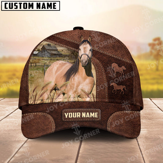 Joycorners Horse Personalized Name Brown Carving Leather Pattern 3D Classic Cap 3