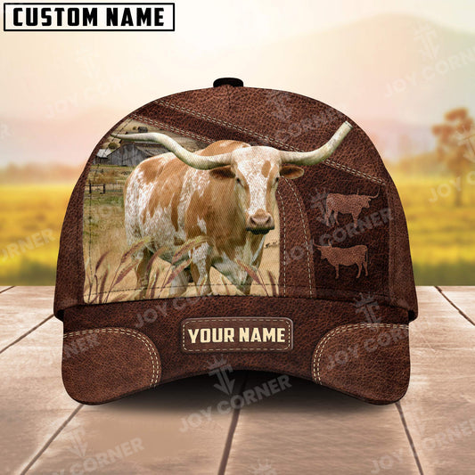 Joycorners Texas Longhorn Personalized Name Brown Carving Leather Pattern 3D Classic Cap 3