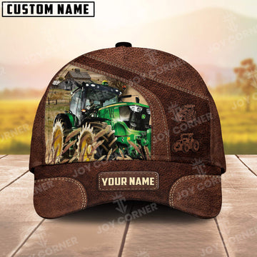 Joycorners Tractor Personalized Name Brown Carving Leather Pattern 3D Classic Cap 3