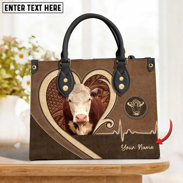 JC Hereford Brown Heart Personalized Name 3D Leather Handbag