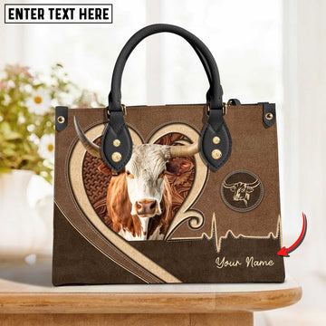 JC Texas Longhorn Brown Heart Personalized Name 3D Leather Handbag
