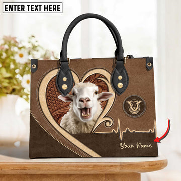 JC Sheep Brown Heart Personalized Name 3D Leather Handbag