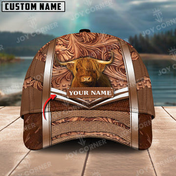 Joycorners Highland Cattle Personalized Name Brown Carving Leather Pattern 3D Classic Cap