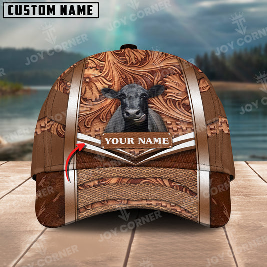 Joycorners Black Angus Personalized Name Brown Carving Leather Pattern 3D Classic Cap