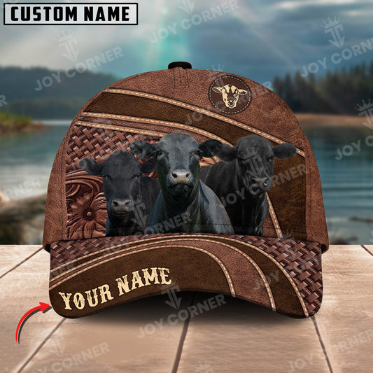 Joycorners Black Angus Personalized Name Brown Carving Leather Pattern 3D Classic Cap 1