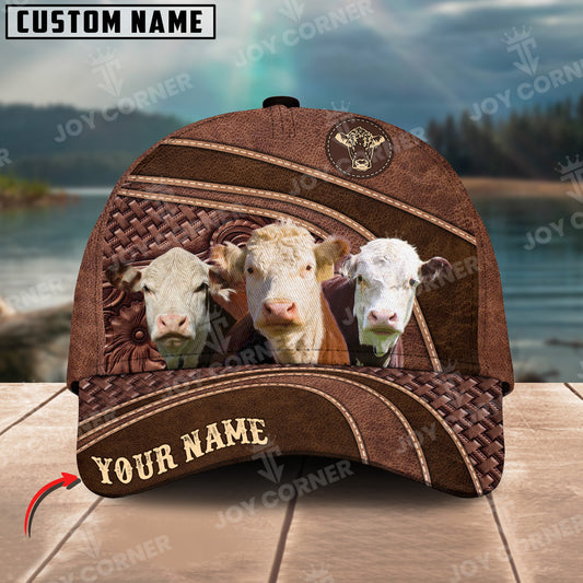 Joycorners Hereford Personalized Name Brown Carving Leather Pattern 3D Classic Cap 1