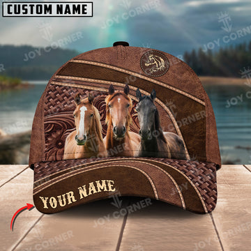 Joycorners Horse Personalized Name Brown Carving Leather Pattern 3D Classic Cap 1