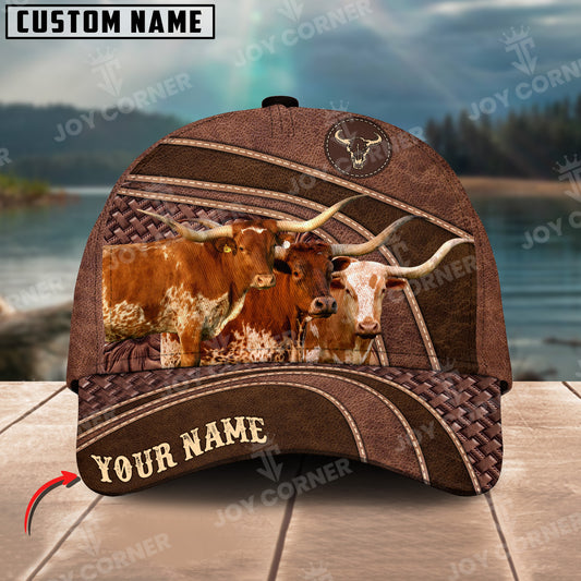 Joycorners Texas Longhorn Personalized Name Brown Carving Leather Pattern 3D Classic Cap 1