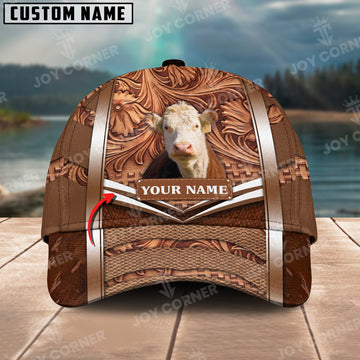 Joycorners Hereford Personalized Name Brown Carving Leather Pattern 3D Classic Cap
