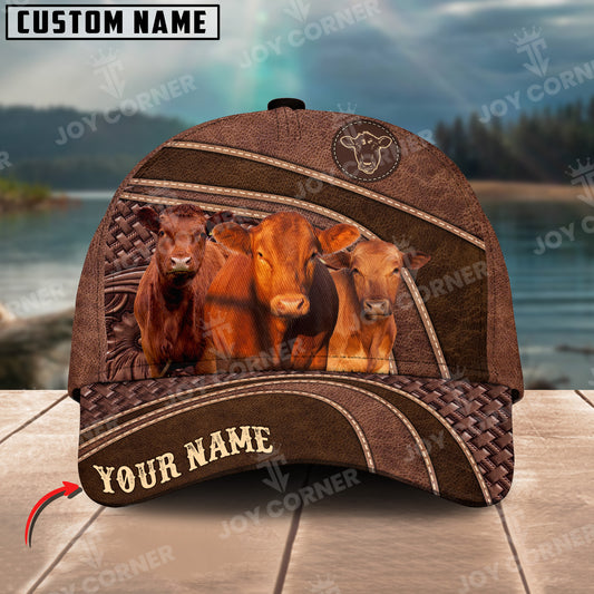 Joycorners Red Angus Personalized Name Brown Carving Leather Pattern 3D Classic Cap 1