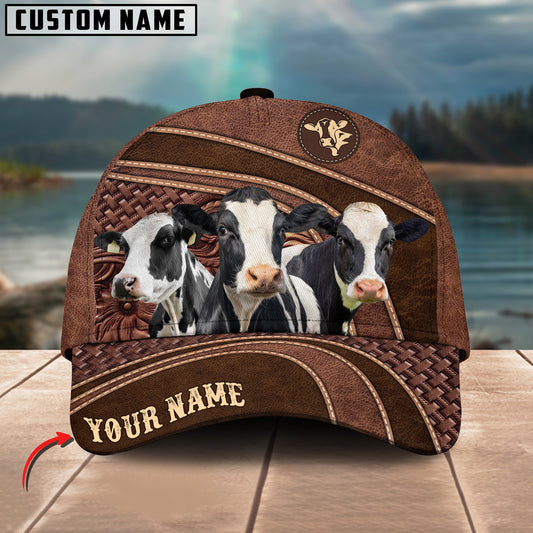 Joycorners Holstein Personalized Name Brown Carving Leather Pattern 3D Classic Cap 1