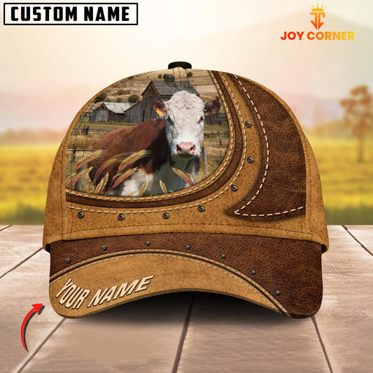 Joycorners Hereford On The Farm Customized Name Brown Leather Pattern Cap