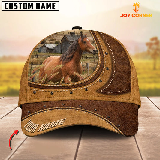 Joycorners Horse On The Farm Customized Name Brown Leather Pattern Cap