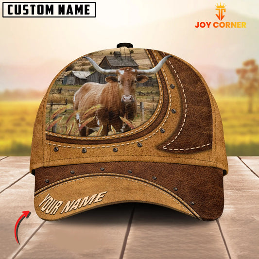 Joycorners Texas Longhorn On The Farm Customized Name Brown Leather Pattern Cap