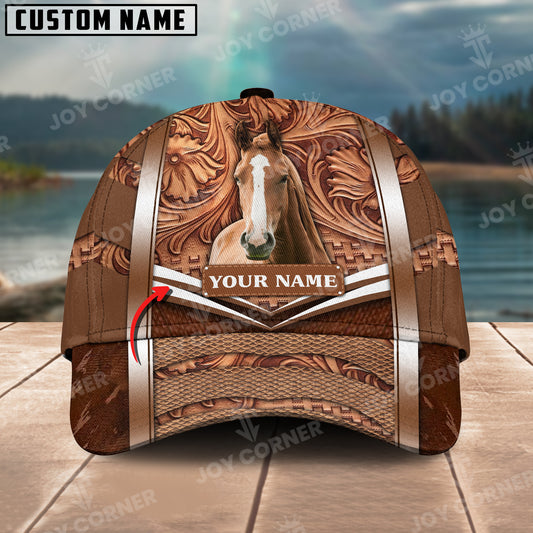 Joycorners Horse Personalized Name Brown Carving Leather Pattern 3D Classic Cap