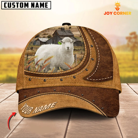 Joycorners Sheep On The Farm Customized Name Brown Leather Pattern Cap