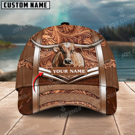 Joycorners Texas Longhorn Personalized Name Brown Carving Leather Pattern 3D Classic Cap