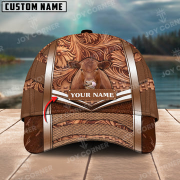 Joycorners Red Angus Personalized Name Brown Carving Leather Pattern 3D Classic Cap