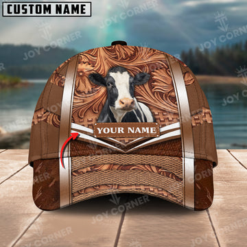 Joycorners Holstein Personalized Name Brown Carving Leather Pattern 3D Classic Cap