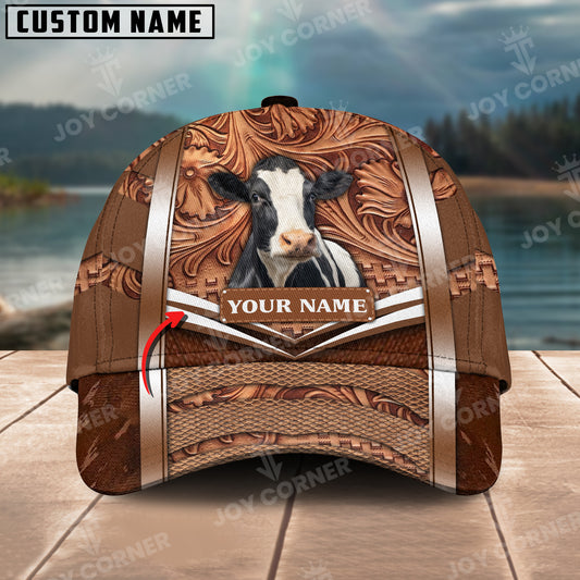 Joycorners Holstein Personalized Name Brown Carving Leather Pattern 3D Classic Cap