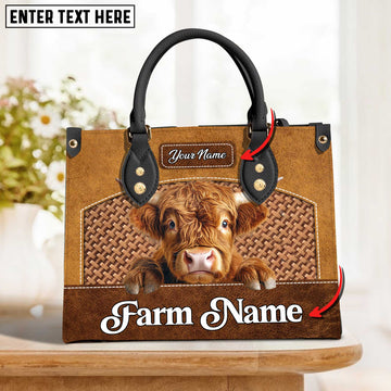 JC Highland Cattle Personalized Name 3D Leather Carving Handbag, Gift for Farm Lover