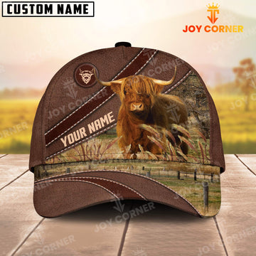 Joycorners Highland Cattle On The Farm Customized Name Brown Leather Pattern Cap1