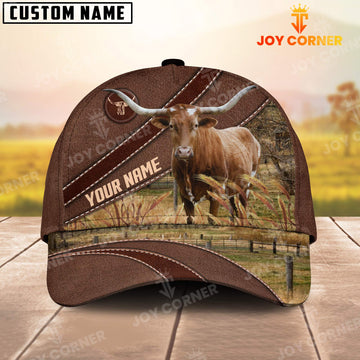 Joycorners Texas Longhorn On The Farm Customized Name Brown Leather Pattern Cap1